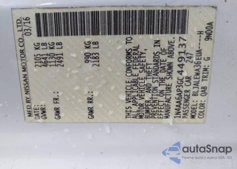 2016 Nissan Maxima 3.5 Sl z USA, uszkodzony, nr VIN 1N4AA6AP3GC449137